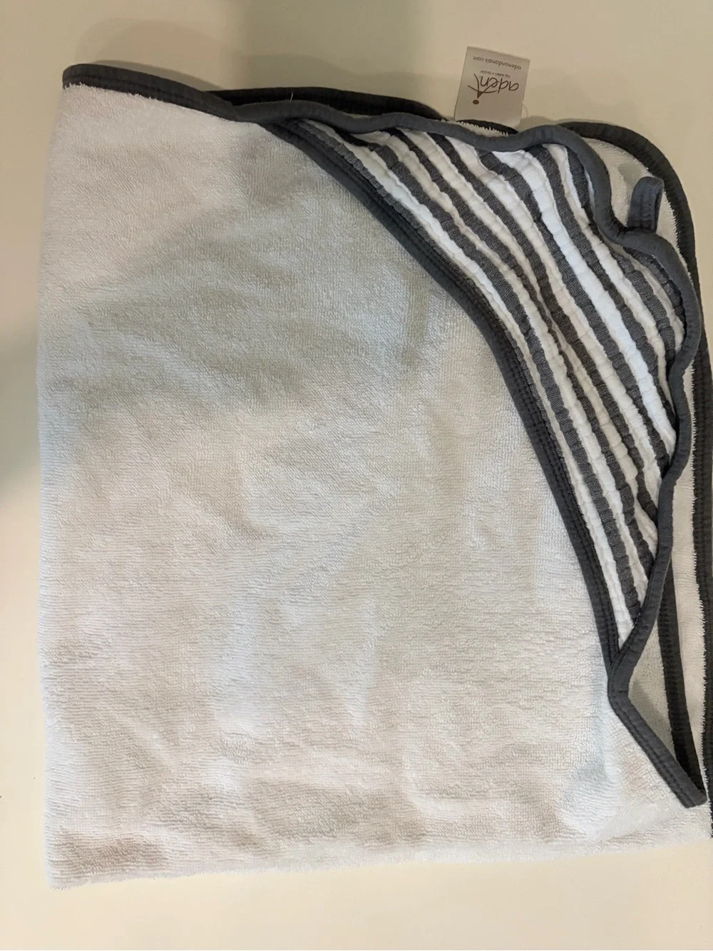 aden + anais Hooded Baby Towel in White with Gray Trim and Stripes